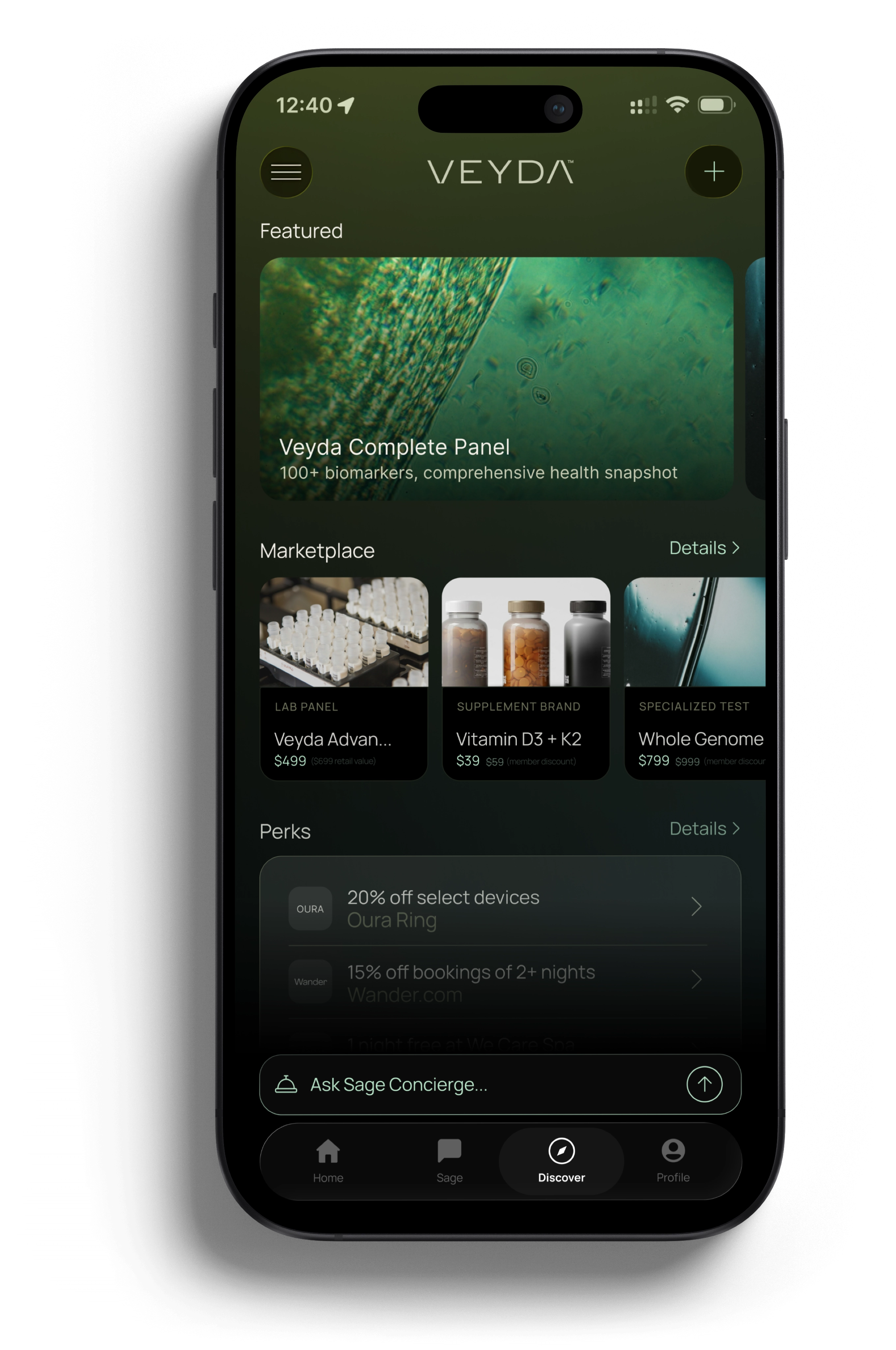 Veyda app marketplace screen with lab panels and member perks