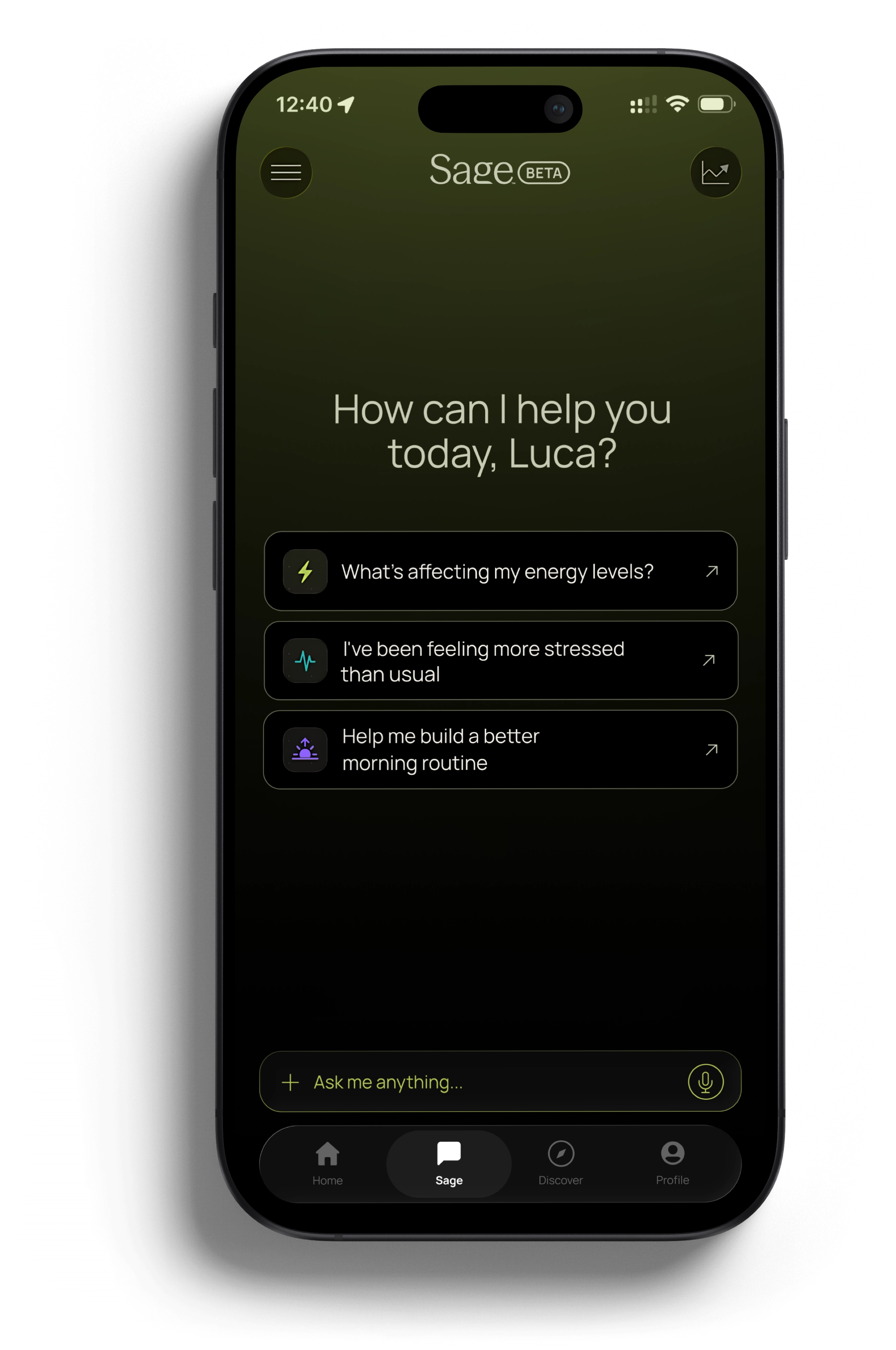 Veyda app Sage tab with the native Sage prompt bar