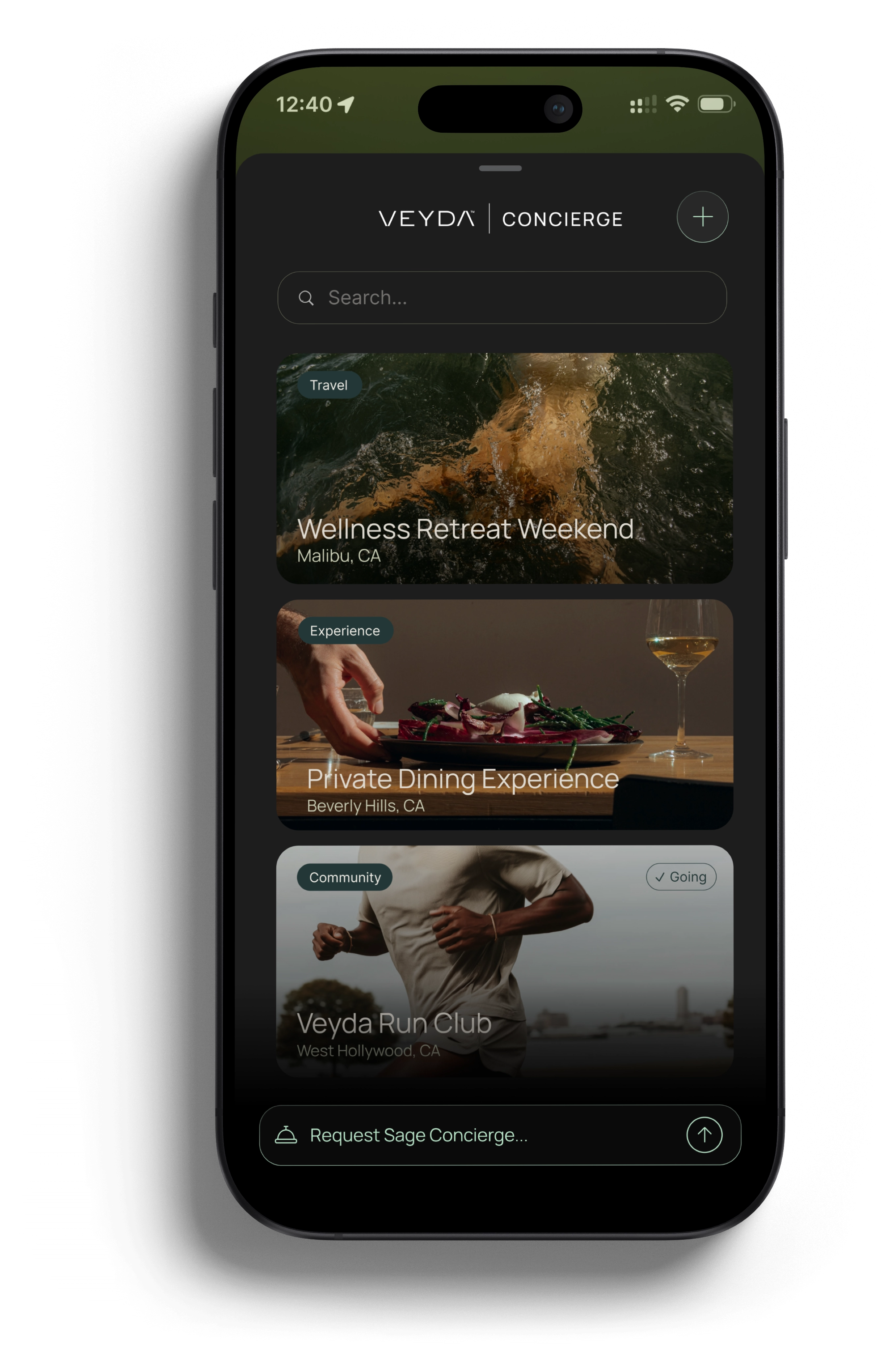Veyda Concierge screen with experiences, travel, and wellness destinations