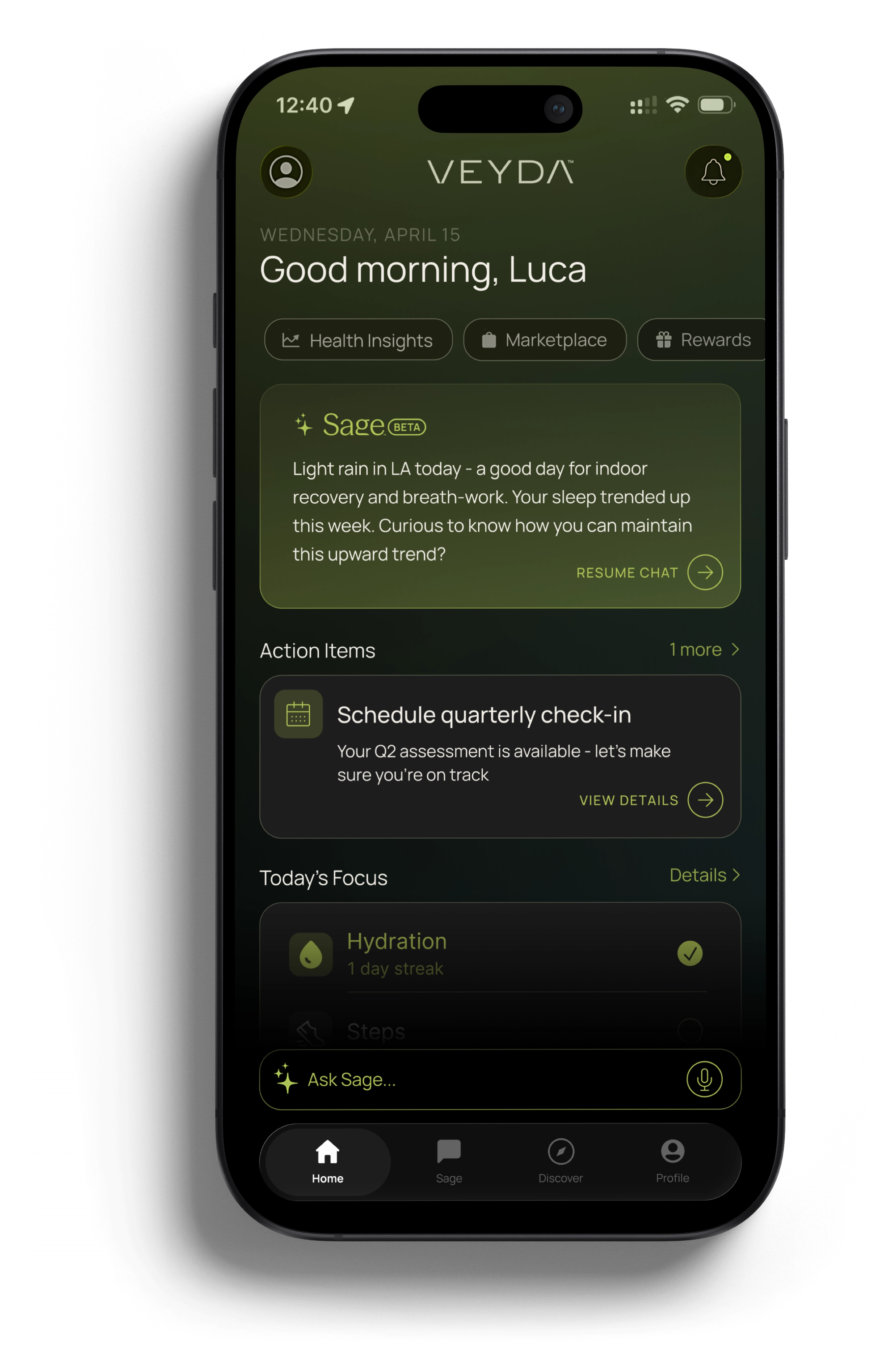 Veyda app home dashboard showing Sage health guidance